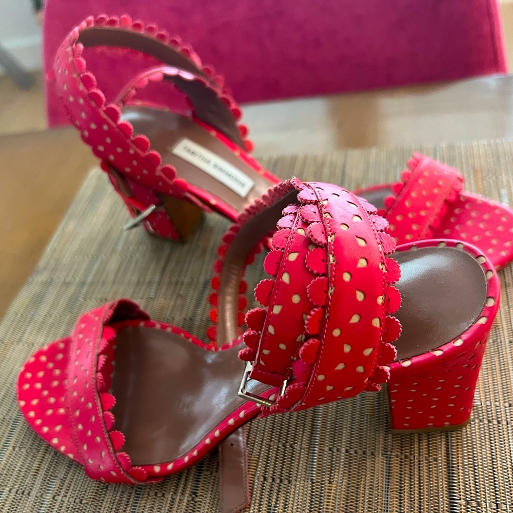 Red Block Heel Sandals with Studded Straps